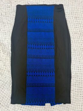 BCBGMaxAzria Black Skirt with Royal Blue Crochet Panel and Silver Zip